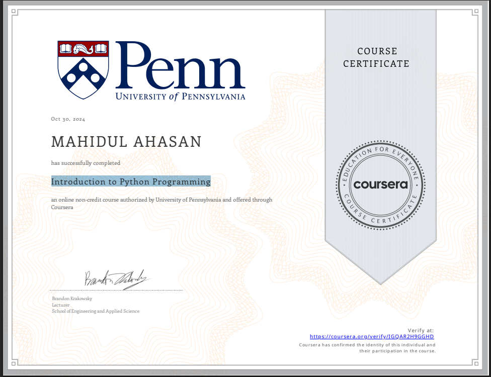 Introduction to Python Programming Certification